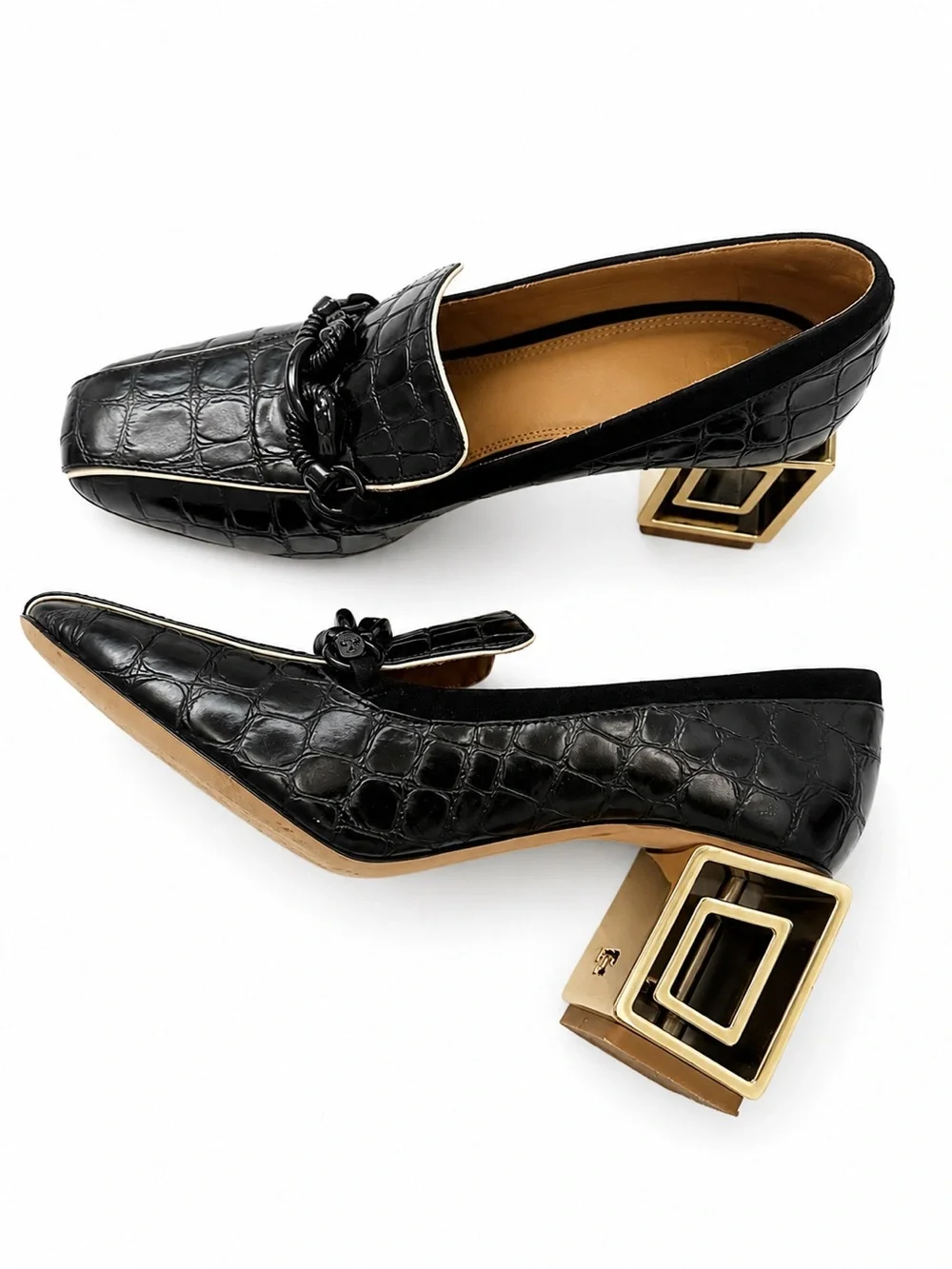 Tory Burch Black Croc Embossed Leather Gold Block Heel Size 8 w/ Box